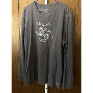 Life Is Good Crusher Tee Mens 2XL Gray Spell Out Sports Hockey Long Sleeve